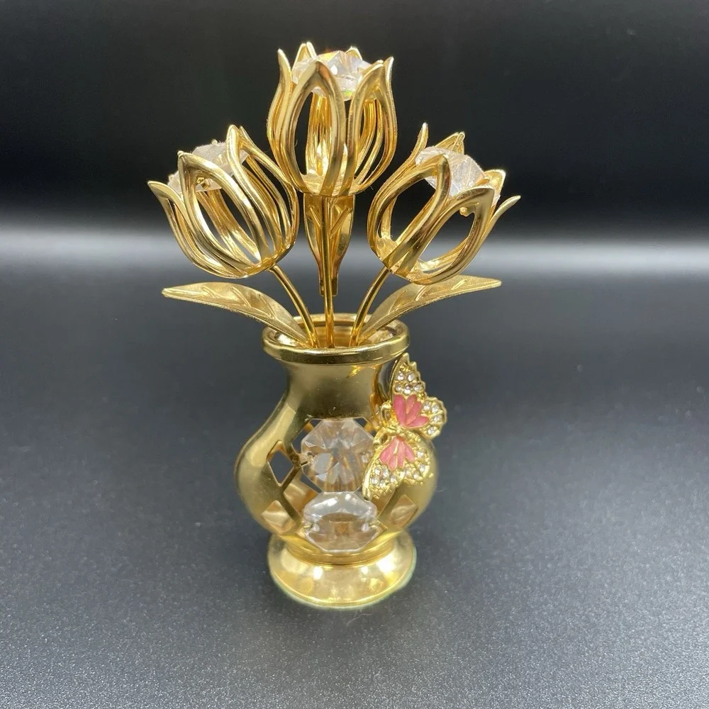 Matashi 24K Gold Plated Crystal Studded Tulip‎ Flower Bouquet Butterfly in Vase